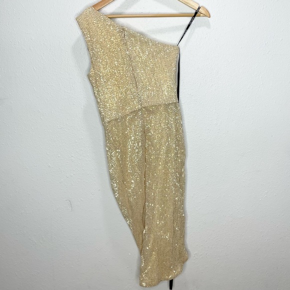 Lavish Alice One Shoulder Pleated Sequin Cowl Midi Dress In Bronze 4 NWT - Picture 5 of 10